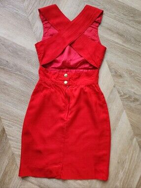 Vintage Holt Renfrew Cherry Red Open-Back Mini Dress with Gold Buttons